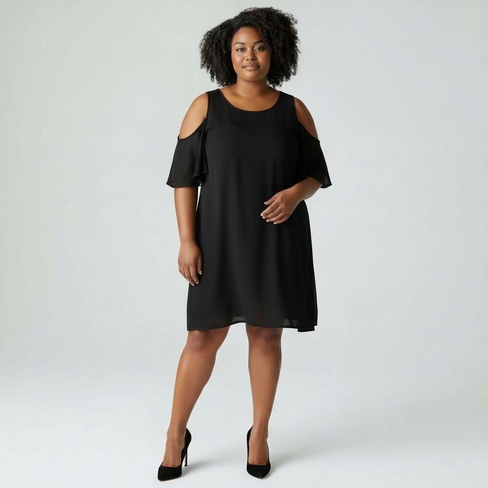 Worthington 14 Black Dress Cold Shoulder Ruffle Sleeves Professional Boardwalk